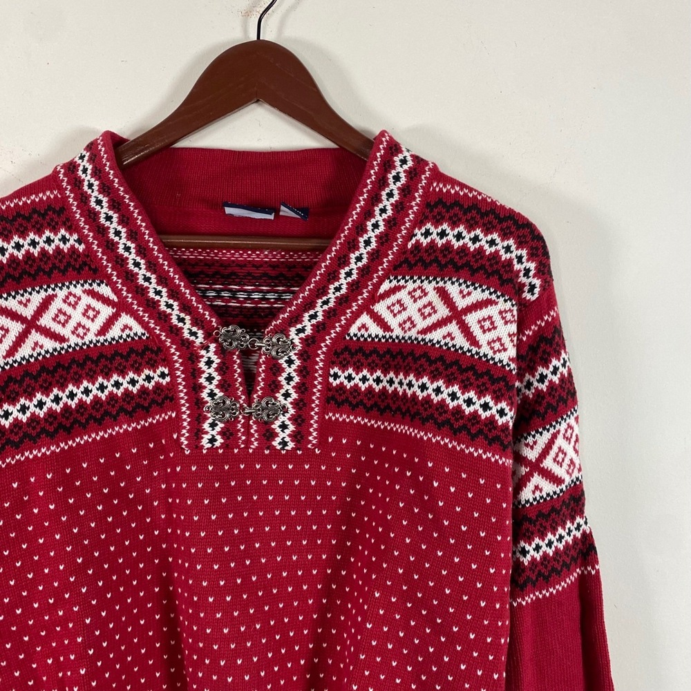 Vintage Liz Claiborne Sport Fair Isle Nordic‎ Knit Sweater Red White Ski Clasps - Picture 4 of 7